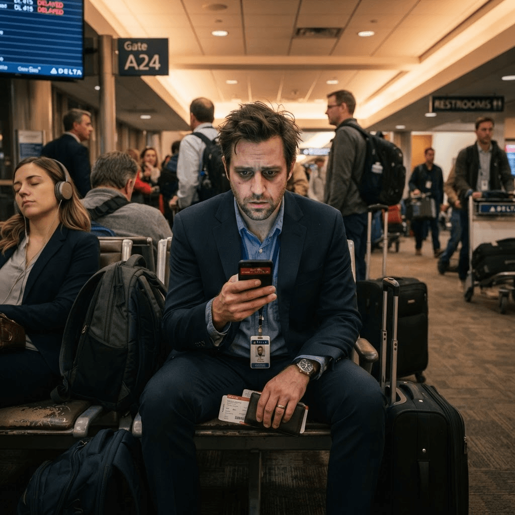 Traveler checking flight status in airport lobby