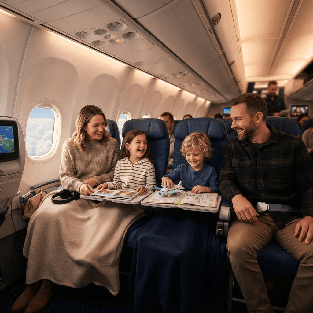 Happy family seated comfortably in airplane seats