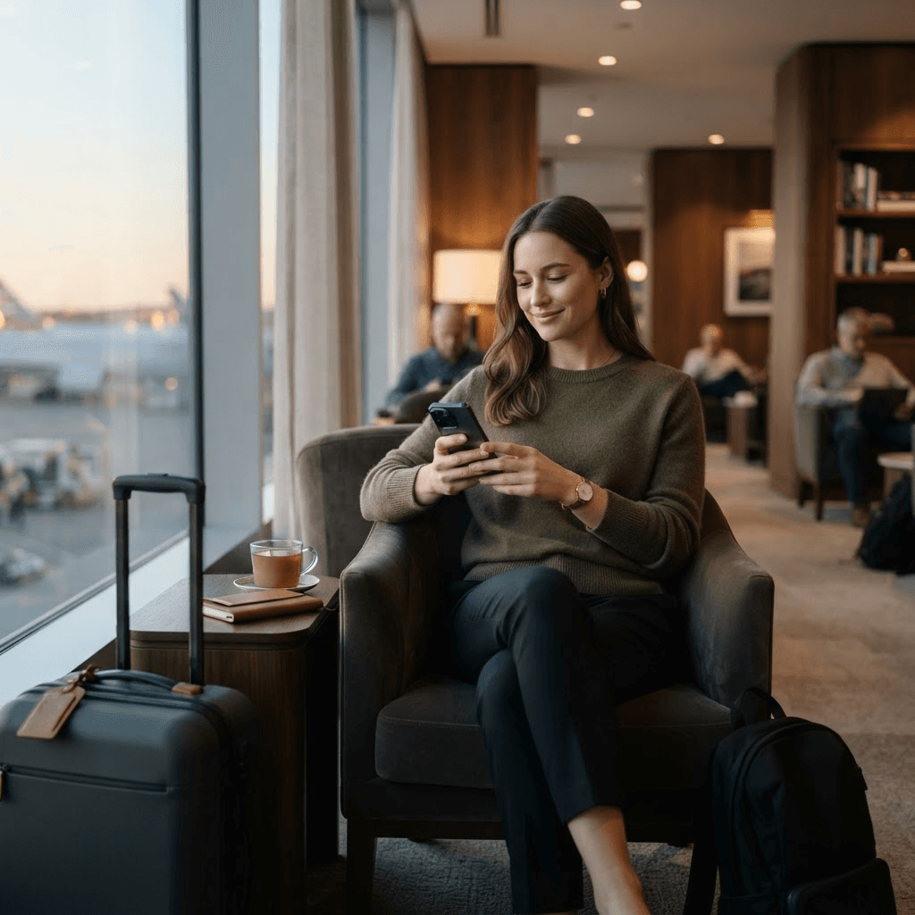 Relaxed traveler with confidence in flight information