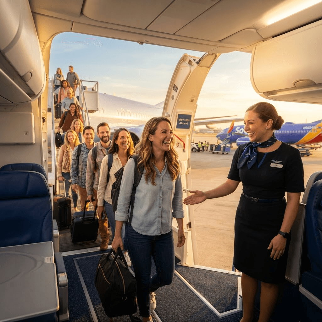 Happy passengers boarding aircraft